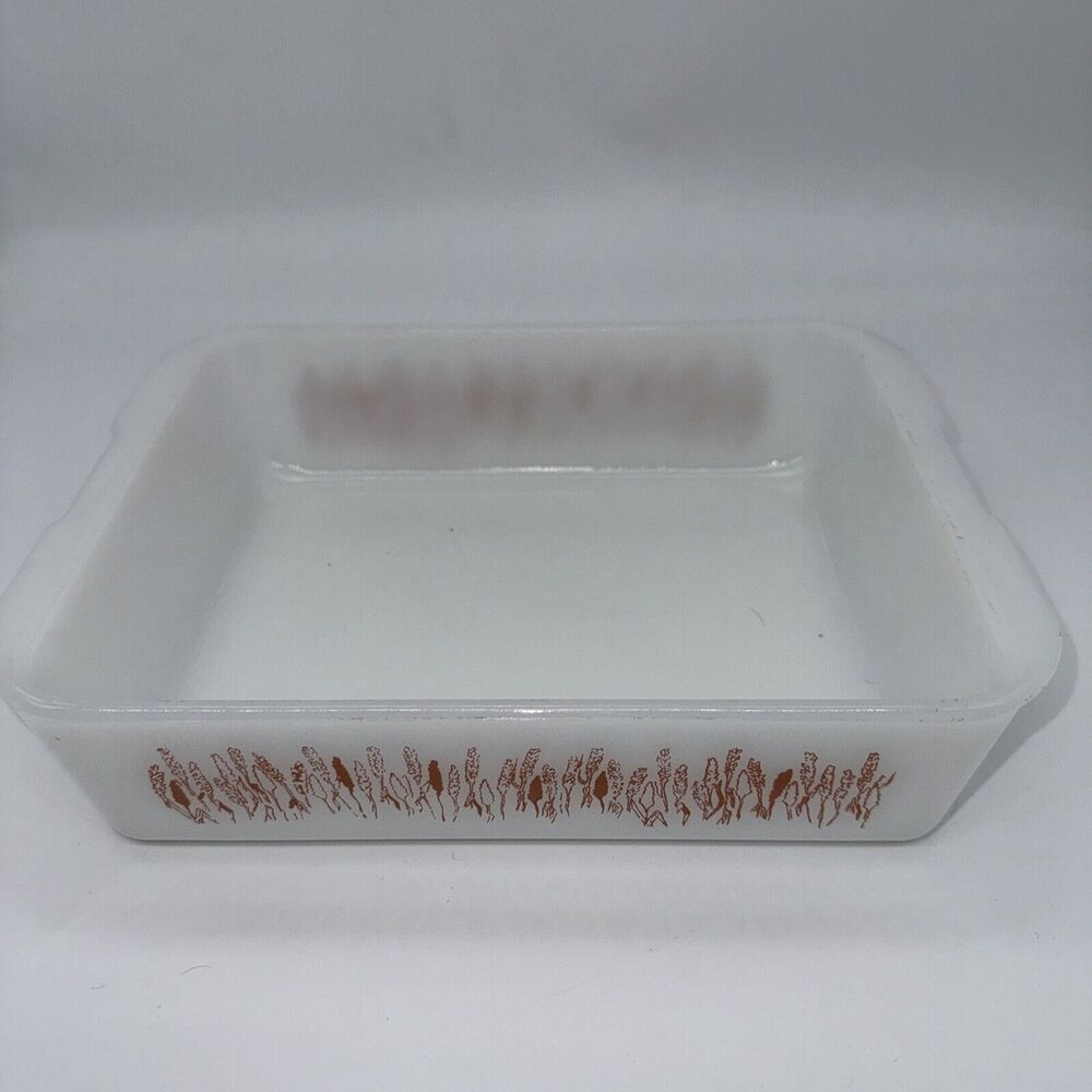 VTG White Ceramic Baking Dish with Copper Wheat‎ Pattern Farmhouse Kitchen Decor